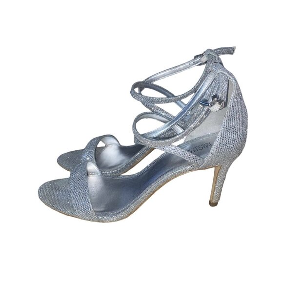 MICHAEL KORS AVA Mid Heel Strappy Sandal SILVER Glitter Evening Size 7.5 - Picture 3 of 16
